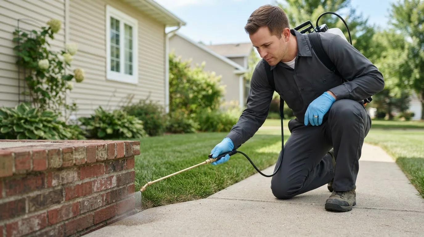 Pest control technician treating a home near North Baltimore, OH